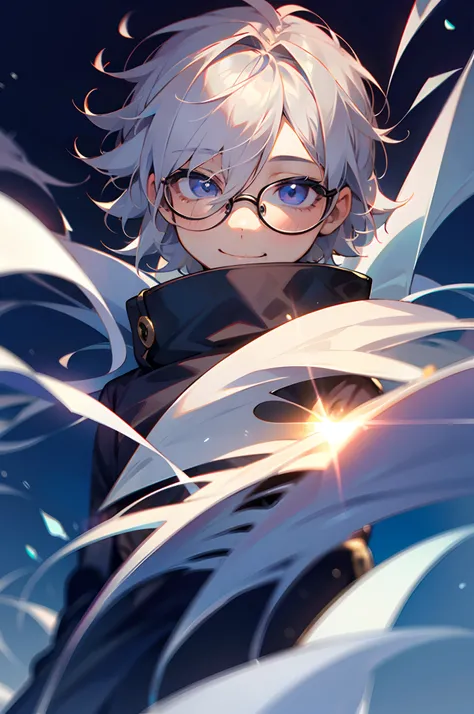 (Male child, eye glasses,A smile, silber hair)