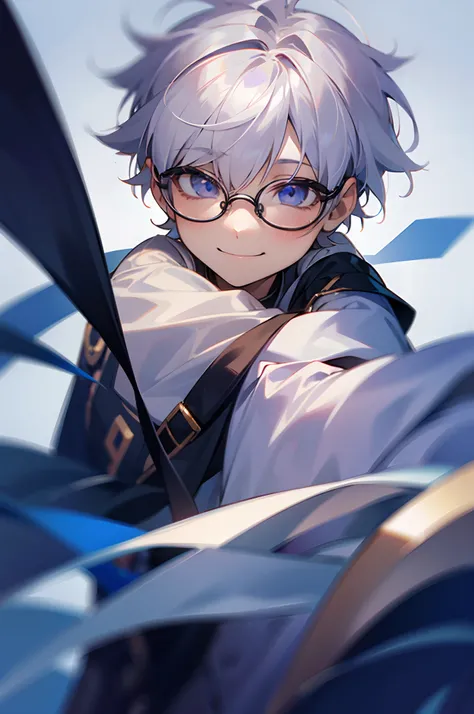 (Male child, eye glasses,A smile, silber hair)