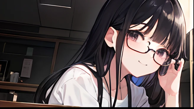 Wearing glasses、in a white shirt、A young girl in dark pants with black hair and dark eyes is studying in a coffee shop,((of the highest quality, 8K, 32K, masutepiece: 1.2)), Dramatic lighting, delicate eve, ultra-detailliert, White background,smile:1.0