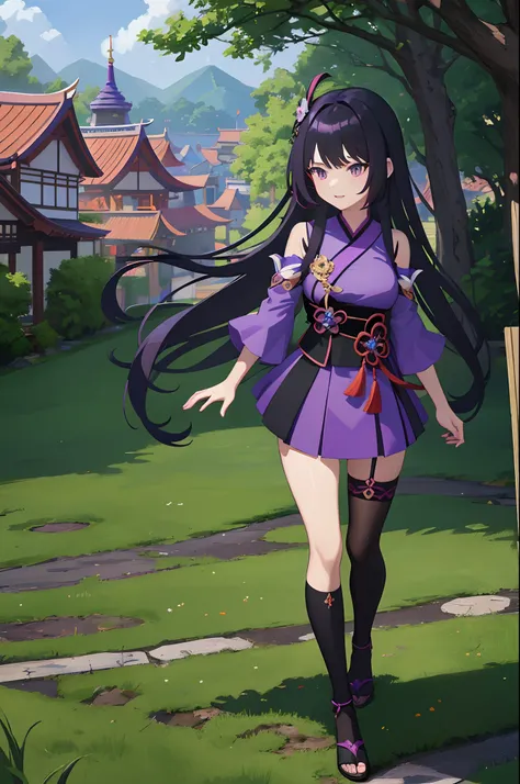 anime girl in a purple and black outfit standing in front of a forest, keqing from genshin impact, zhongli from genshin impact, heise jinyao, ayaka genshin impact, anime moe artstyle, black - haired mage, demon slayer rui fanart, ayaka game genshin impact,...