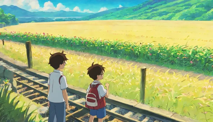 Two little boys，One wears glasses，Skinny and tall，They ride the train together，Laughed happily，Sit on the same side and watch the view，Outside the train window, there are large areas of mountains and fields