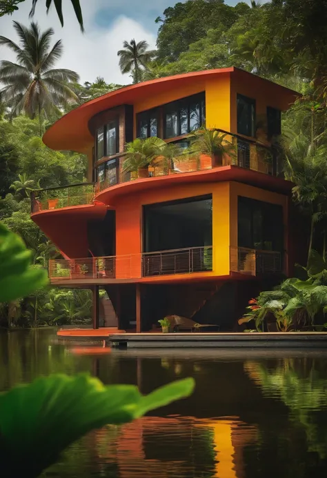 Single-family duplex house next to water bodies and forests in tropical climates