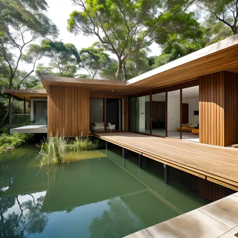 Uma casa moderna de concreto na floresta tropical, Next to a natural lake with lots of aquatic plants