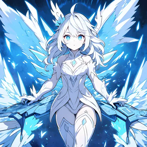 1girl, [hybrid half human half dragon form], glowing blue eyes, short wavy white hair, scaly skin