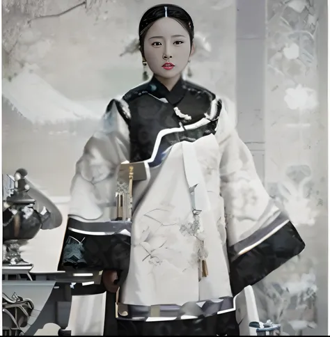 Black and white photograph of a woman in a traditional costume, chinese empress, Chinese woman, Dressed gorgeously（Silk clothes）, Qing dynasty, Yun Ling, queen of the sea mu yanling, in style of pan ren wei, inspired by Min Zhen, song nan li, Chinese costu...