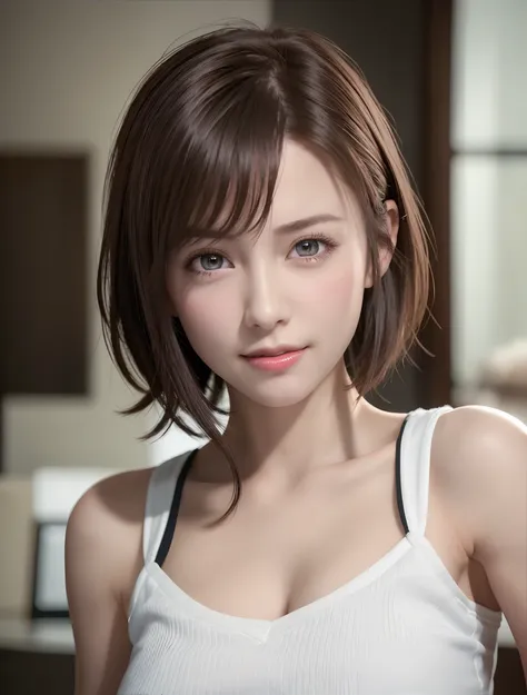 Best Quality, Ultra High Resolution, (Photorealistic: 1.4), Beautiful Eyes, Super Beautiful, Very Short Hair, Beautiful, Sweetheart, T-shirt with Rough Chest, Beautiful Soldier, Eyes That Invite Viewer, Lovers Perspective, Inviting Expression, Sexy Smile, ...