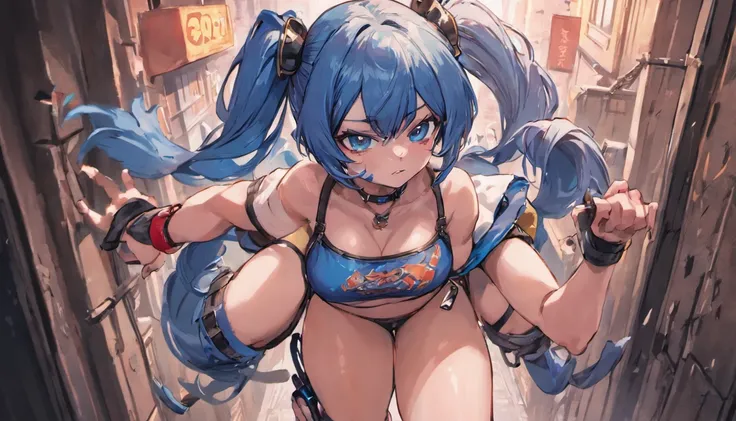 (absurderes, top-quality), 1girl in , Blue hair, Blue Eye, (Twin tail), Ahoge, ((small bust)), croptop, Denim shorts, a choker, Put your arms behind your back, (Slouched), Lean Back, lean against the wall, (Leaning to the side:0.25), Look at viewers, Armba...