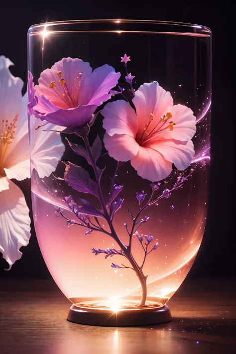 crystal blossom hibiscus flower,
fantasy, galaxy, transparent, 
shimmering, sparkling, splendid, colorful, 
magical photography, dramatic lighting, photo realism, ultra-detailed, 4k, Depth of field, High-resolution