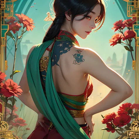 Ancient China had a womans back, behind head，Expose your back and hips，above waist，There is a flower tattoo on the bare back，Red and turquoise flowers, ，ukiyo-style, Guviz-style artwork, Guviz, alphonse mucha and rossdraws, a beautiful artwork illustration...