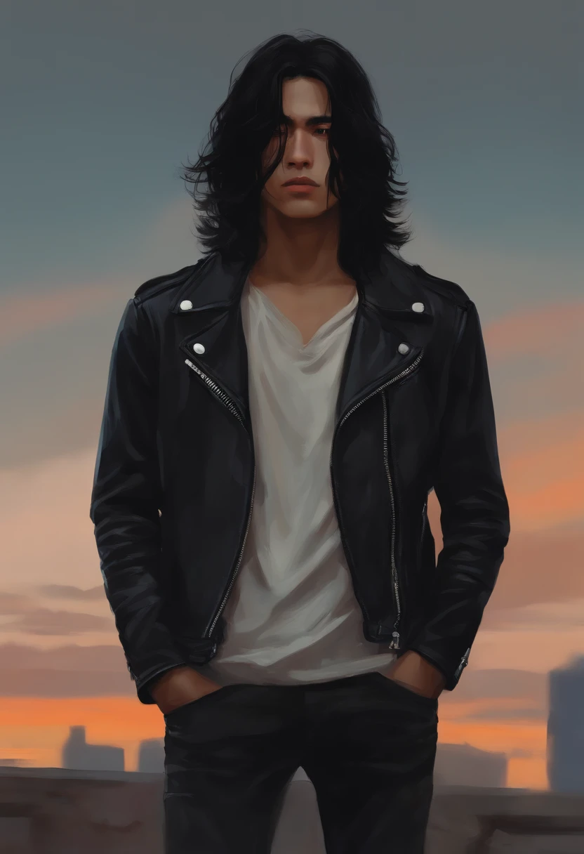 boy with a long black hair, face, black, minimalist, simple, clumsy, tired, leather jacket, studio ghibli