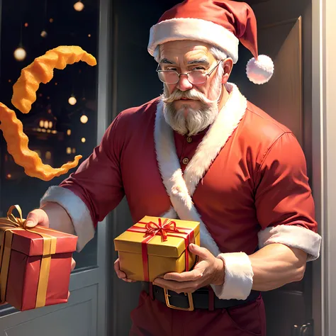 Santa with a cheeto stain on his shirt delivering presents