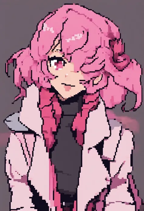 girl, pink hair, pink coat and scarf, dark pink aesthetic, happy expression