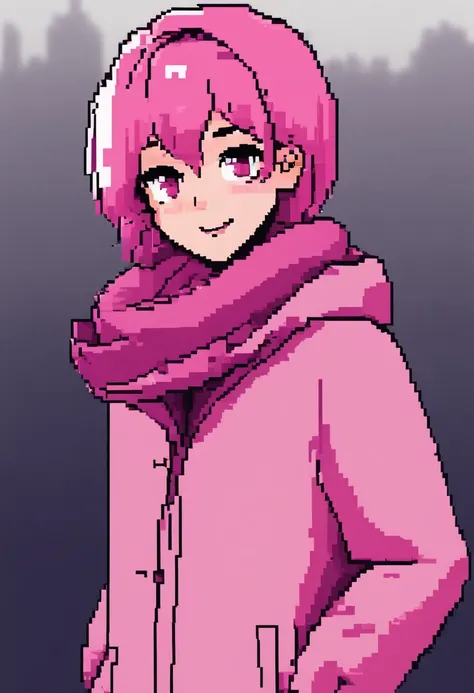 girl, pink hair, pink coat and scarf, dark pink aesthetic, happy expression