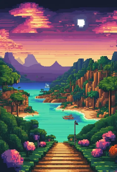 Landscape of the tourist destination Pixel Art. Noite. Pixel Art 3D Papel de parede 4K. Amazing pixel art details. Pixel Art. Ondas de vapor. Pixel Art detalhado do mecanismo irreal do brasil