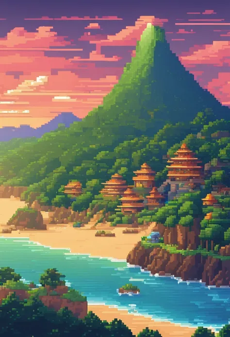 Landscape of the tourist destination Pixel Art. Noite. Pixel Art 3D Papel de parede 4K. Amazing pixel art details. Pixel Art. Ondas de vapor. Pixel Art detalhado do mecanismo irreal do brasil