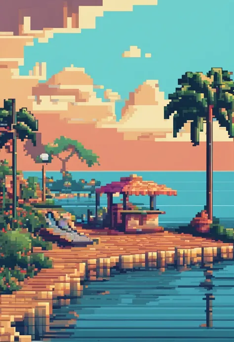 Landscape of the tourist destination Pixel Art. Noite. Pixel Art 3D Papel de parede 4K. Amazing pixel art details. Pixel Art. Ondas de vapor. Pixel Art detalhado do mecanismo irreal do brasil