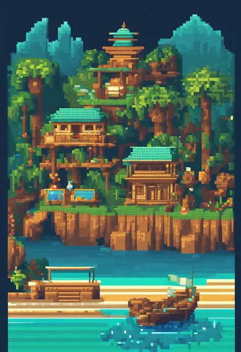 Landscape of the tourist destination Pixel Art. Noite. Pixel Art 3D Papel de parede 4K. Amazing pixel art details. Pixel Art. Ondas de vapor. Pixel Art detalhado do mecanismo irreal do brasil