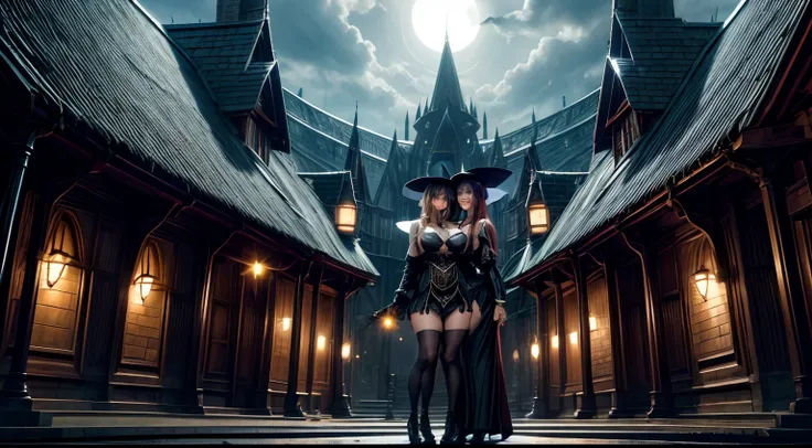 Female busty Professors witch and Female busty Student witches, wearing witch costumes, standing in front of Magical Academy, full body shot wide angled view from below, daylight, giga_busty