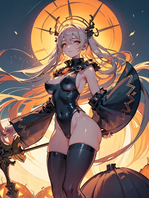 A girl in a Halloween costume, heterochromatic detailed glowing eyes, full lips, long sideburns, demonic smile, small round breasts, big ass, thick thighs, around her pumpkin lanterns, webs, dry trees, holding a large crucifix, {paper extremely detailed 16...