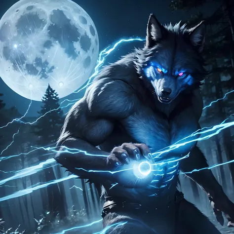 werewolf man、blue glowing eyes、blue lines on the body、spark、in fighting、forest at night、fullmoon