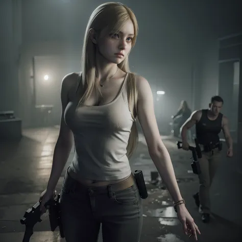 best quality, long blonde hair, white tanktop, brown tight jeans, holding a gun, glare expression, by unreal engine