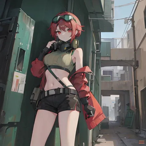 56, red eyes, brrown hair that goes to the shoulders, green cropped sweater, short shorts, goggles on head, with a futuristic cyberpunk respirator, in an alley, perfect hands, green Gas sounding them, high quality