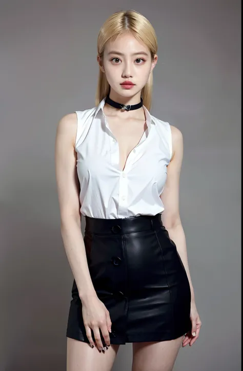 best quality, ultra high res, 1girl, sleeveless white button shirt, black skirt, black choker, cute, (Kpop idol), (aegyo sal:1), (platinum blonde hair:1), ((puffy eyes)), looking at viewer, full body, facing front