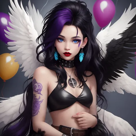 a black human, with long black hair with purple bangs, red lipstick, white stains on her arms and a feather mark on her hand, dressed in rock and punk style, penta earrings, in the background an image of an angelic balloon with wings falling feathers, blue...