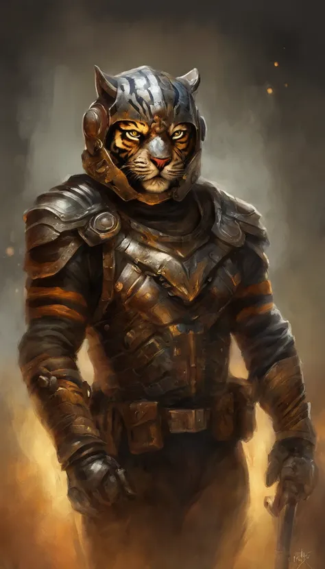 qualidade superior, dramatic lighting, menacing pose, olhar feroz, epic atmosphere, (((Tiger head shaped helmet))), (((tiro de corpo inteiro))), tigre de metal, Ciborgues, estilo cyberpunk, mechnical, ((detalhes intrincados)), NFFSW, ((detalhes intrincados...