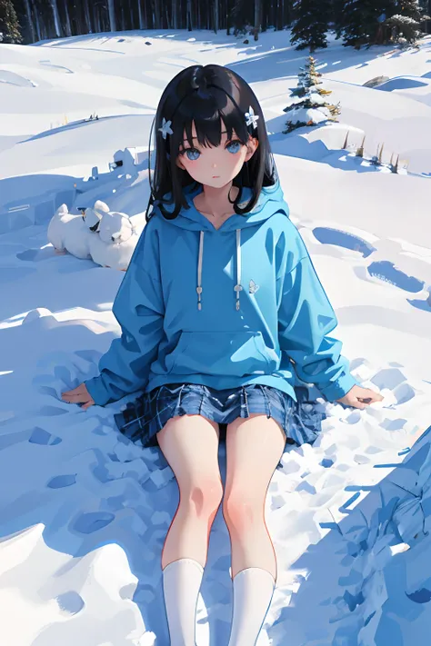 child，（​masterpiece，Highest Quality），Light Blue Hoodie，plaid skirts，A dark-haired，snow woman，snow field