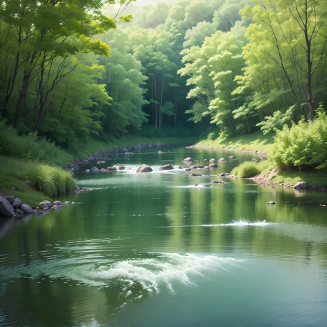 a beautiful river, with green, calm, tranquil --auto --s2