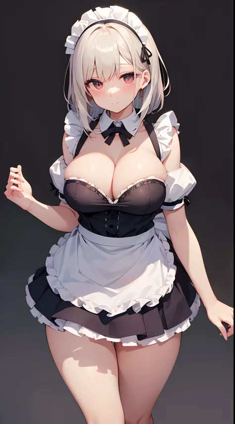 a high chroma、​masterpiece、top-quality、hight resolution、extremely delicate and beautiful、beutiful breast、femele１a person、((femele１a person、Single-color background、white backgrounid、length hair、Greige hair、thick legs、maid clothes、skirt by the、Maid Cafe))、Co...