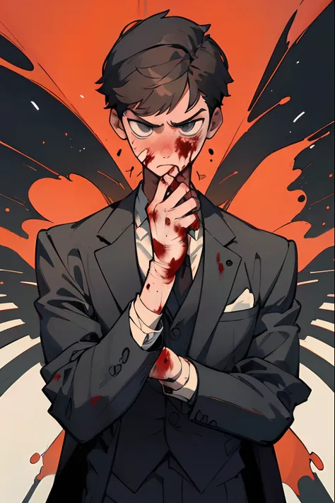 (best quality, masterpiece), 1boy, upper body, particle, pose, injury, blood, suit,