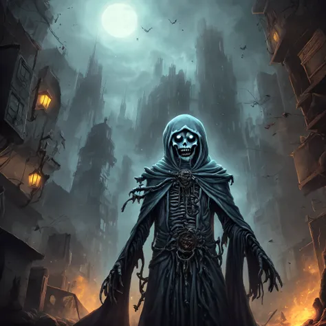 The lich from adventure time in an apocalyptic city