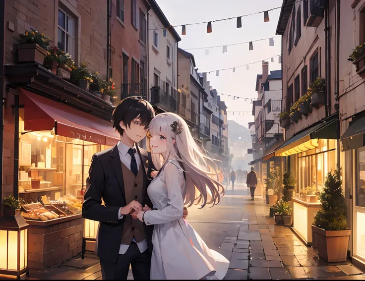 Couple in a fashionable city, Romantic atmosphere, Happy atmosphere, landscape