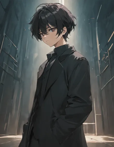 Black hair, black eyes, black pants, black coat, black air around him, indifference