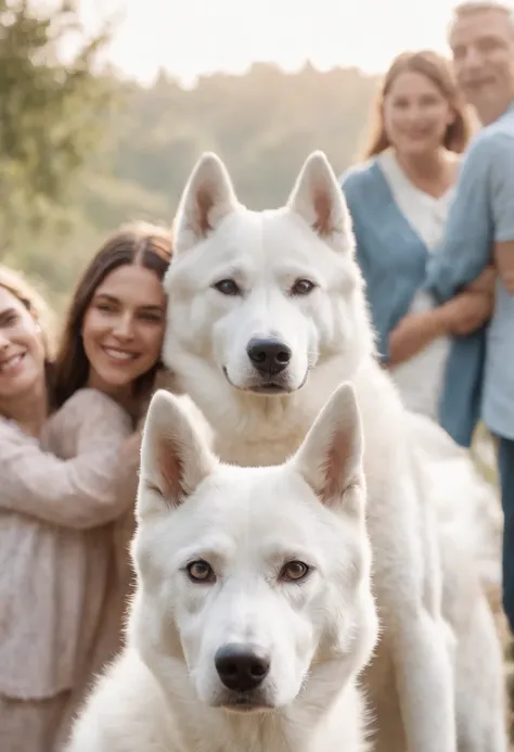 draw a portrait with 3 people and a white husky in the middle of the family members