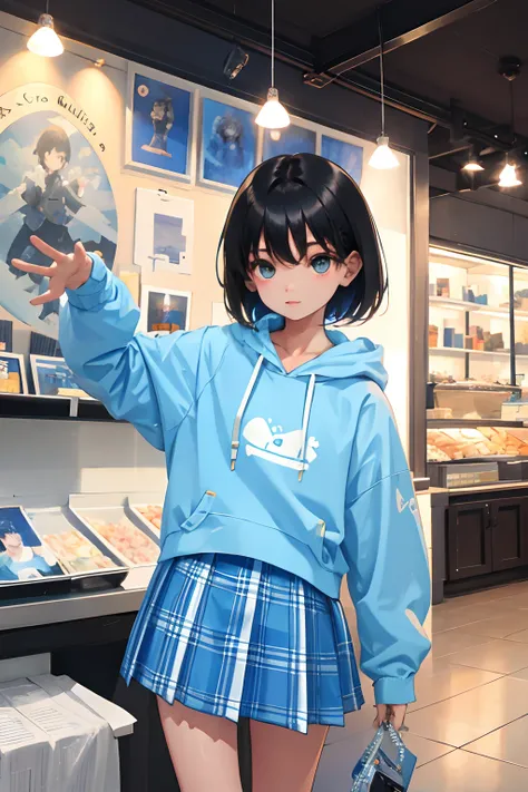 child，（​masterpiece，Highest Quality），Light blue hoodie，White plaid skirt，Short sleeved black hair