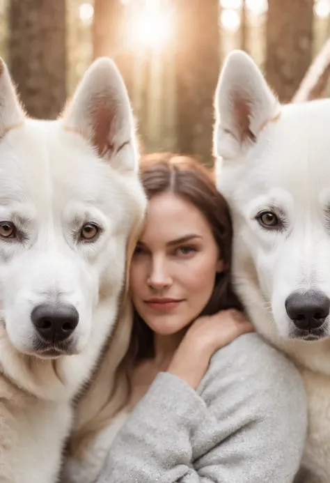 draw a portrait with 3 people and a white husky in the middle