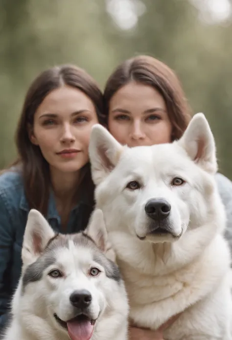 draw a portrait with 3 people and a white husky in the middle