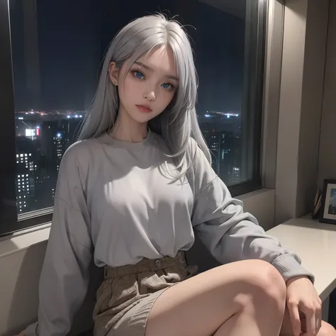 (Masterpiece), Best quality, Cyan eyes, light grey hair, Expressive eyes, Hohaya, Sitting in an apartment room on a high floor, Night sky, City landscape, view the viewer, City lights, window, Highlight, dramatic lights, Calm face,