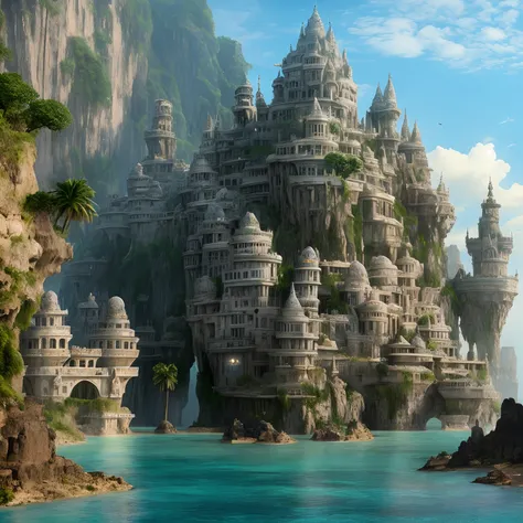 Araf Castle on a cliff overlooking the water body, Floating palace, big and structured valhalla city, Epic Matte painting of the island, The Lost City of Atlantis, Huge floating castle, The Lost City of Atlantis, City of Atlantis, Exquisite matte painting,...