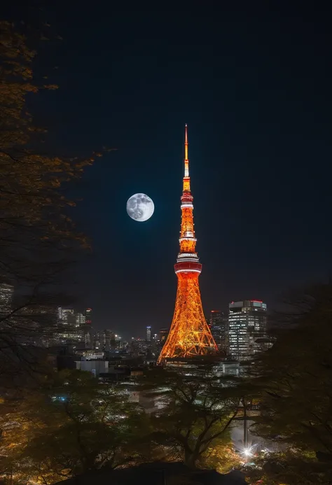 ((Tokyo Tower))Giant crescent moon、halloween night,high-level image quality、raw、Standing at Tokyo Skytree、nighttime scene、Milky Way Galaxy、Andromeda Nebula、tokyo streets、Flowing Lines of Light、Meteor swarm、((Approach to the Moon))