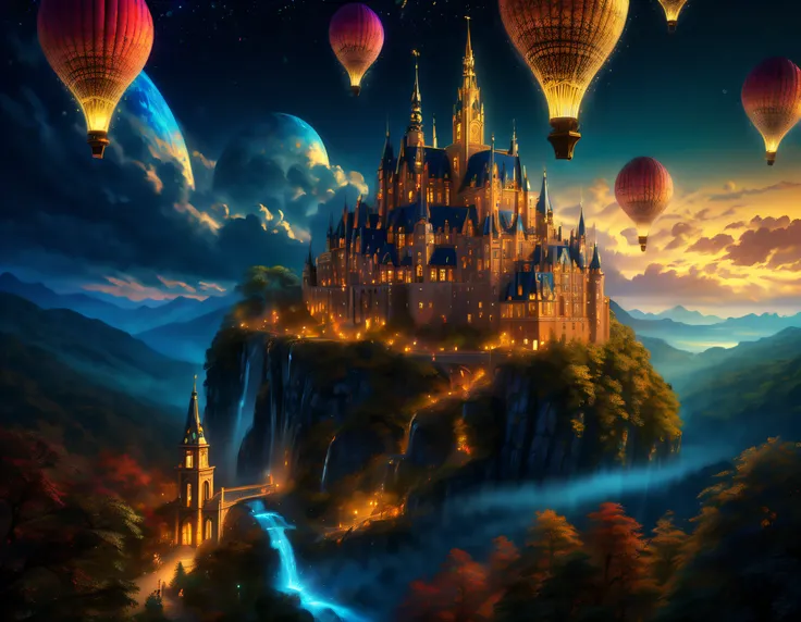 believe in dreams of magic academy, beyond the time light, aerial landscape background, grandiose and stately atmosphere, filigree object, dreamy rain of be seen dimly, chromatic aberration, chiaroscuro, every detail meticulously rendered, from below view,...