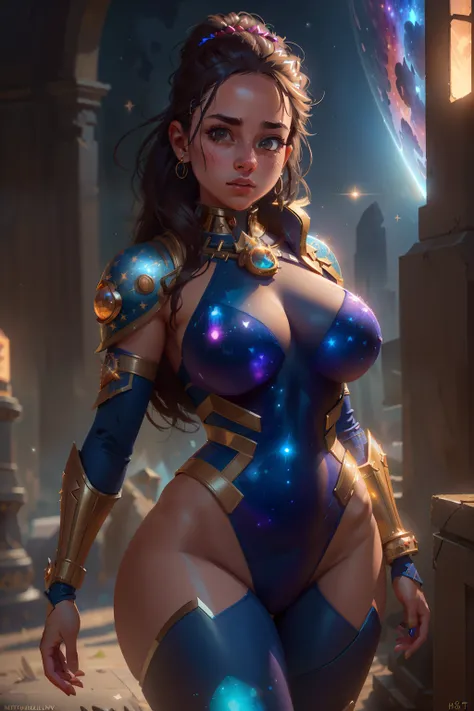 Highly detailed RAW color Photo, beautiful young girl, dynamic pose, (wide hips), (detailed skin), (detailed lips), (detailed eyes), (cosmic:1.4), (necropolis:1.1), (Sci-Fi setting) (detailed face), (curvy), detailed eyes, chromatic aberration, depth of fi...