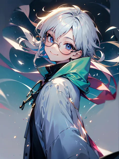 (Male child, eye glasses,a smile, silber hair)