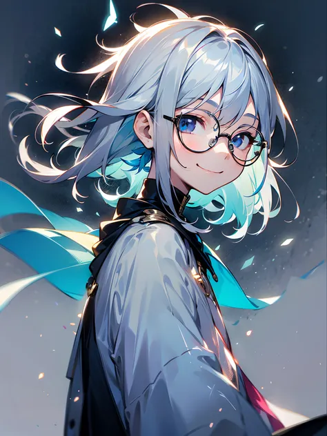 (Male child, eye glasses,a smile, silber hair)