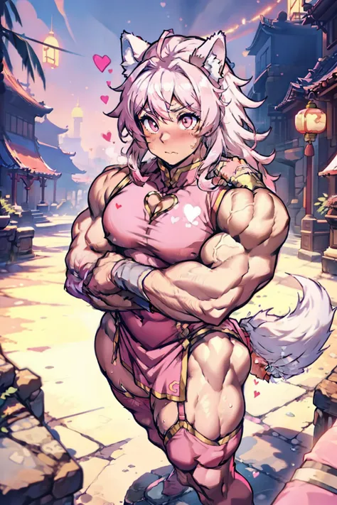 Muscular male wearing  ((pink china dress with heart cutout)),and thigh high socks,hyper muscles, has long flowing white hair, has wolf ears, has wolf tail, wearing lingerie, sweaty, is alone, solo, looks embarrassed