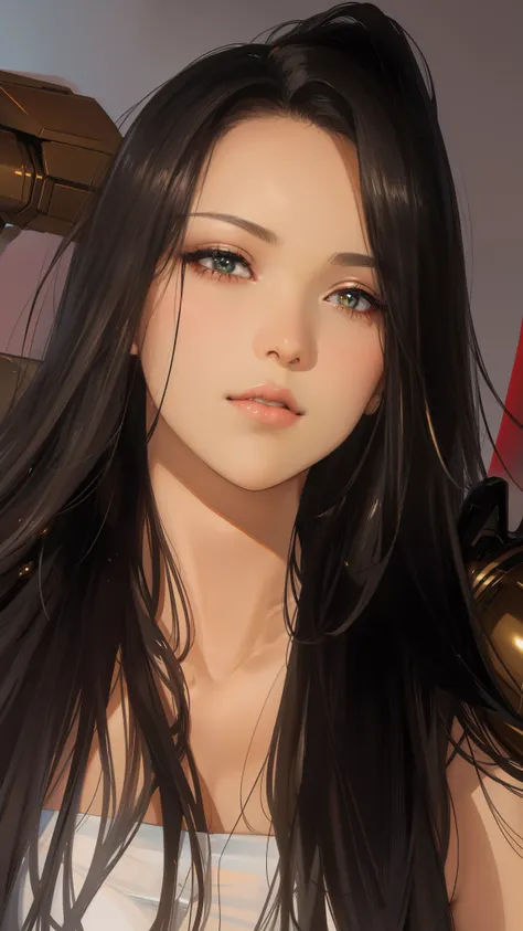 Beautiful tall woman with robotic armor with super realistic and well detailed black hair