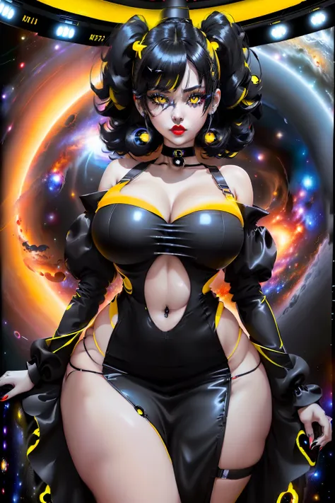 ((Black hole-chan character from internet)) ((beautiful face)) (red lipstick) ((big black eyes with yellow iris)) ((very long black and yellow straight hairstyle)) ((very huge breasts)) (perfect slim body) ((wears long black dress with galaxy patter)) ((ch...